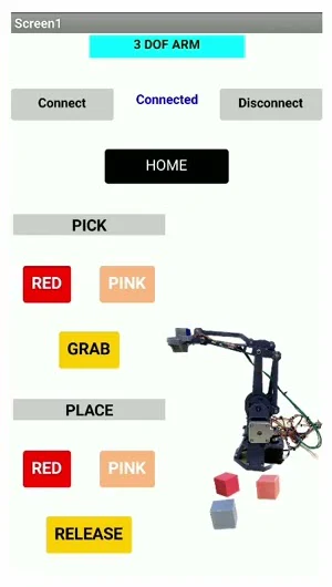 The phone app: connect and disconnect buttons, a home button, pick buttons for two colours, grab, place buttons, and release
