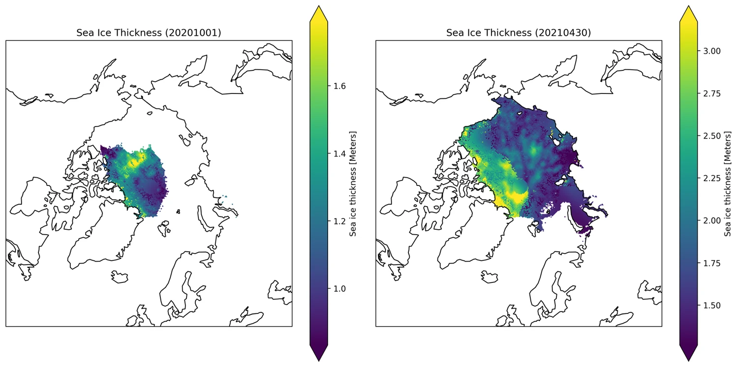 Two Arctic maps of sea ice thickness, October 2020 showing a small thin patch and April 2021 showing thick ice across the whole basin