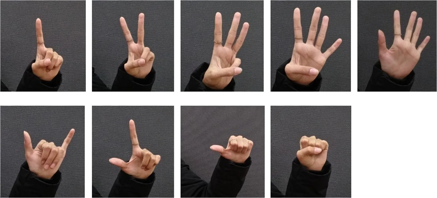 A grid of nine photographed hand poses against a dark background, from one finger raised to a closed fist