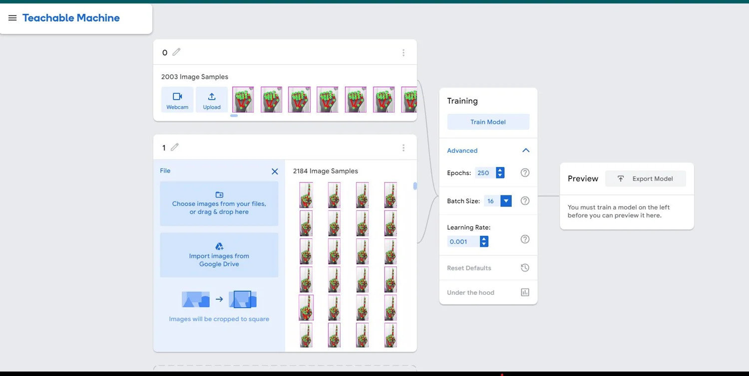 The Teachable Machine interface showing two classes with around two thousand image samples each and training settings of 250 epochs, batch size 16, learning rate 0.001
