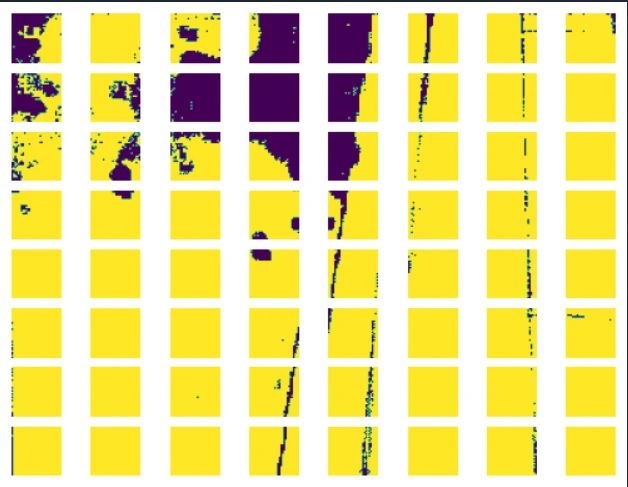 The segmentation mask divided into a grid of square patches, each classified as traversable or blocked