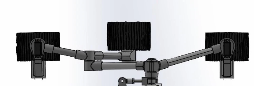 CAD view of the rocker-bogie linkage: three wheels per side joined by a rocker arm and a bogie arm