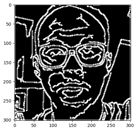 The final binary edge map of the face: white contour lines on black