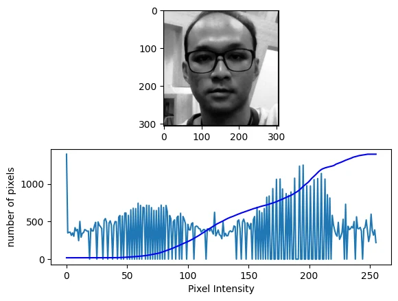 Globally equalised face with its histogram and cumulative distribution plotted below