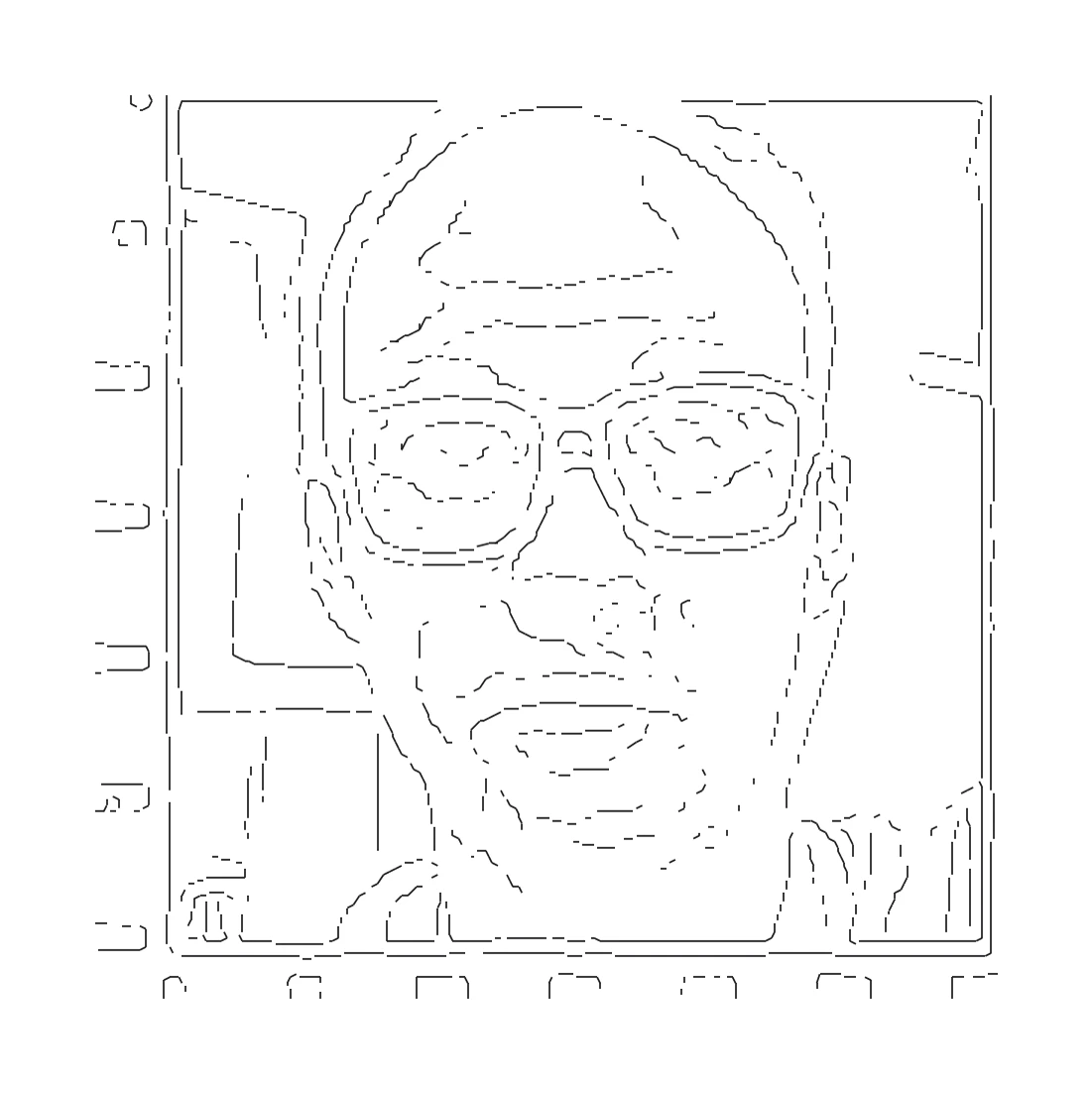 The finished line drawing: a portrait reduced to thin black contour strokes on white, showing a face with glasses