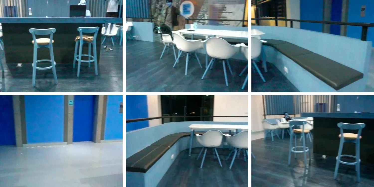 Six frames from the drone's own recording, showing the room sweeping past as the aircraft rotates a full turn on the spot